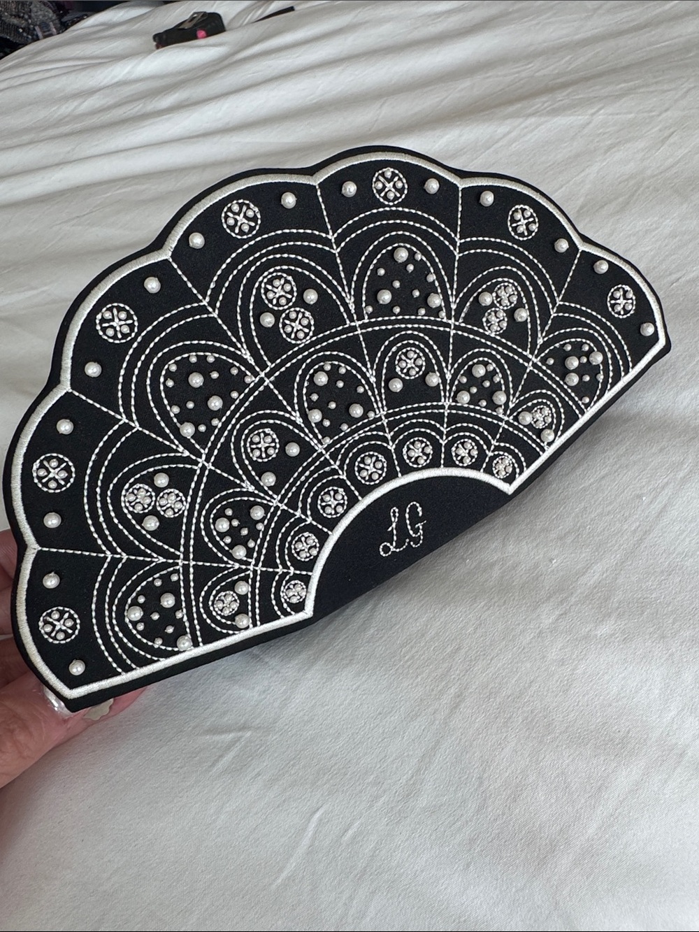 Lulu Guinness Black and White Fan-Shaped Clutch with Pearl Embellishments